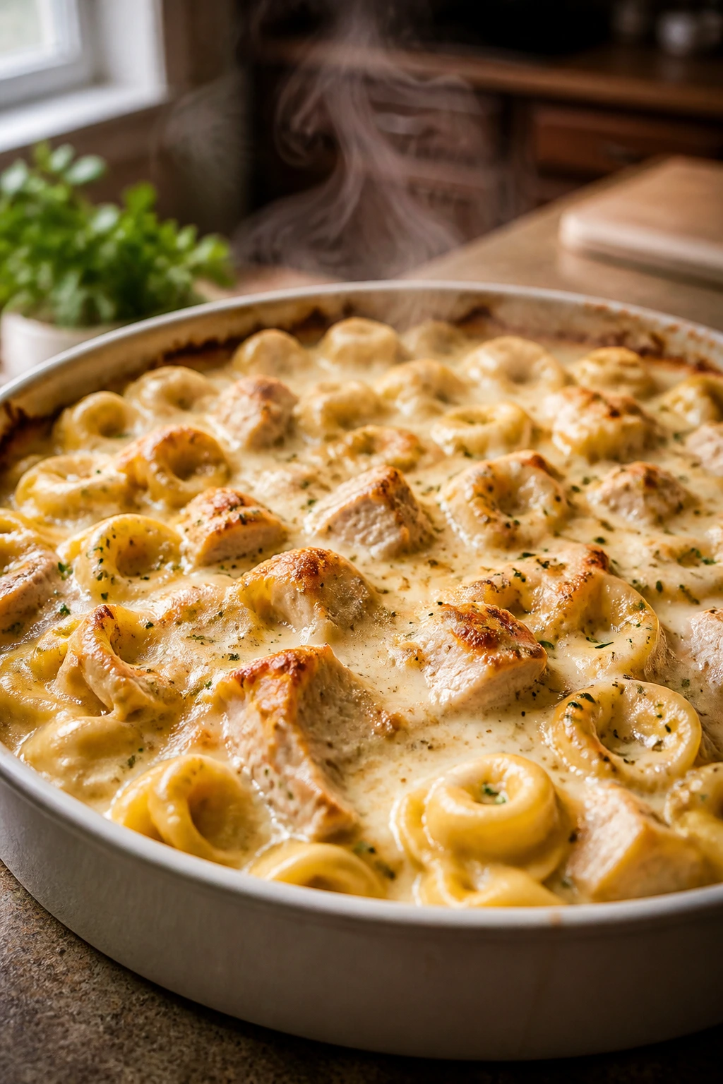 Close-up of bubbling Chicken Alfredo Tortellini Bake with melted cheese in a ceramic dish on a warm kitchen counter