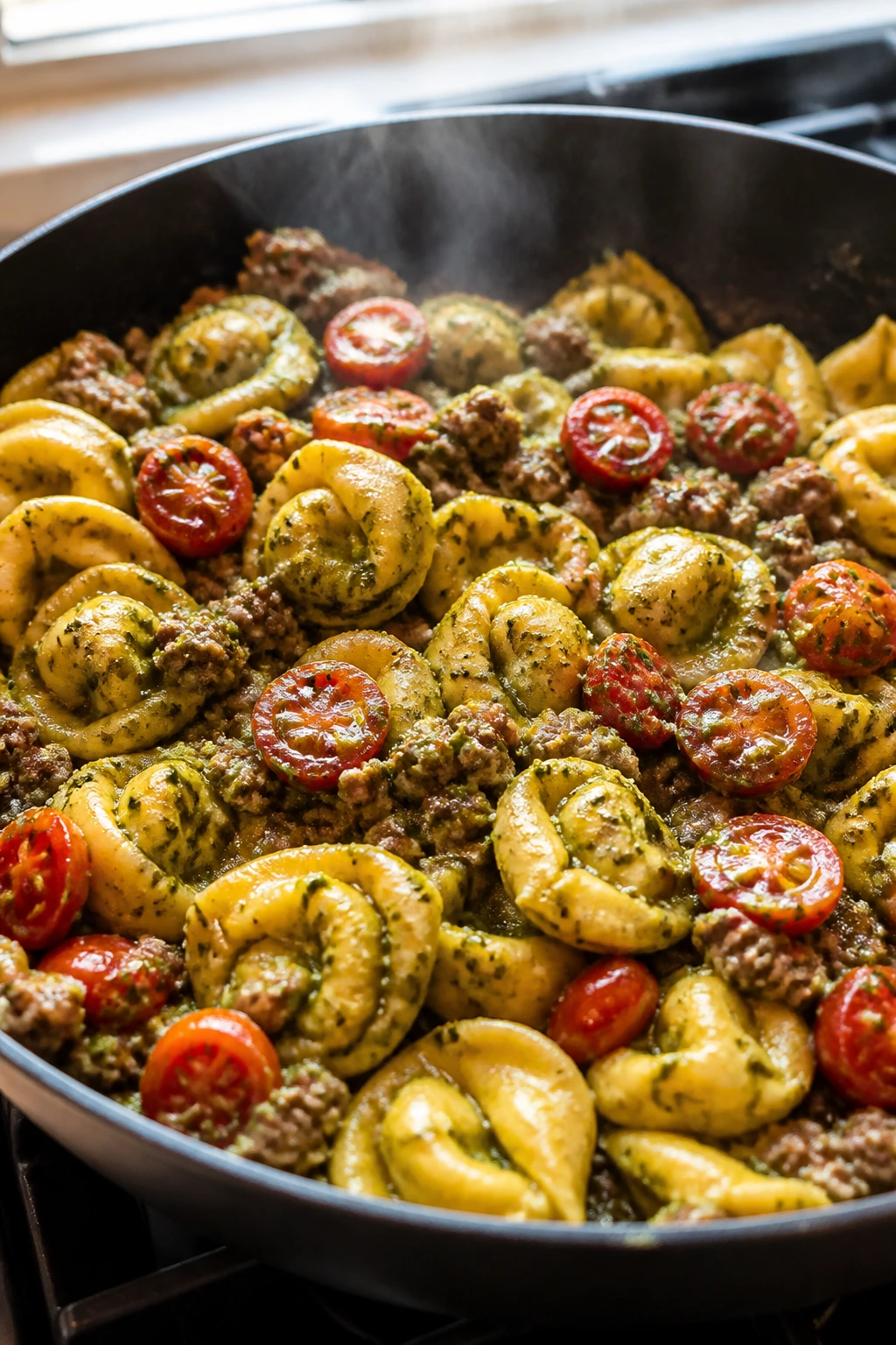 Close-up of pesto beef tortellini skillet with tomatoes and parmesan