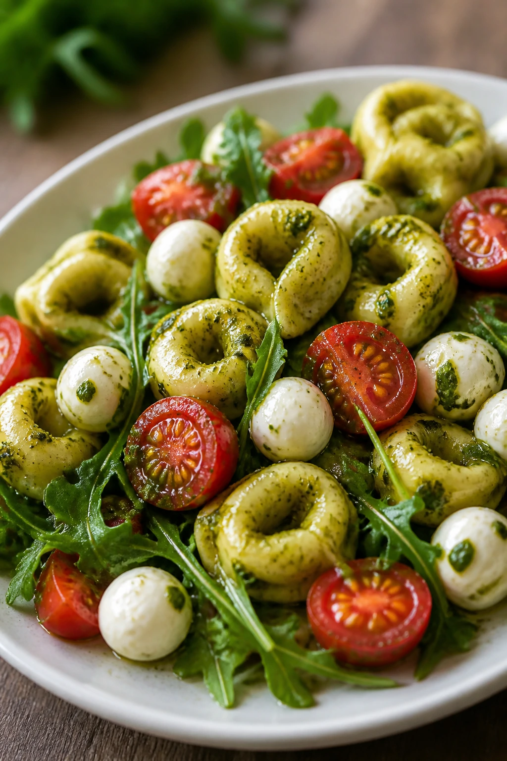 Close-up of pesto tortellini salad with mozzarella pearls and cherry tomatoes on arugula