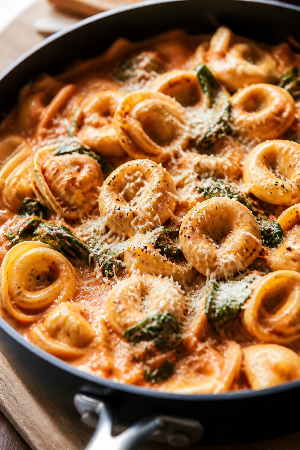 Creamy tomato tortellini in skillet with spinach and parmesan