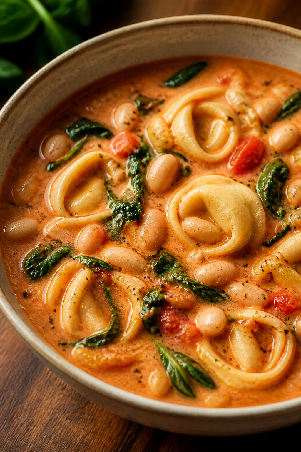 Creamy tortellini soup with white beans in a bowl