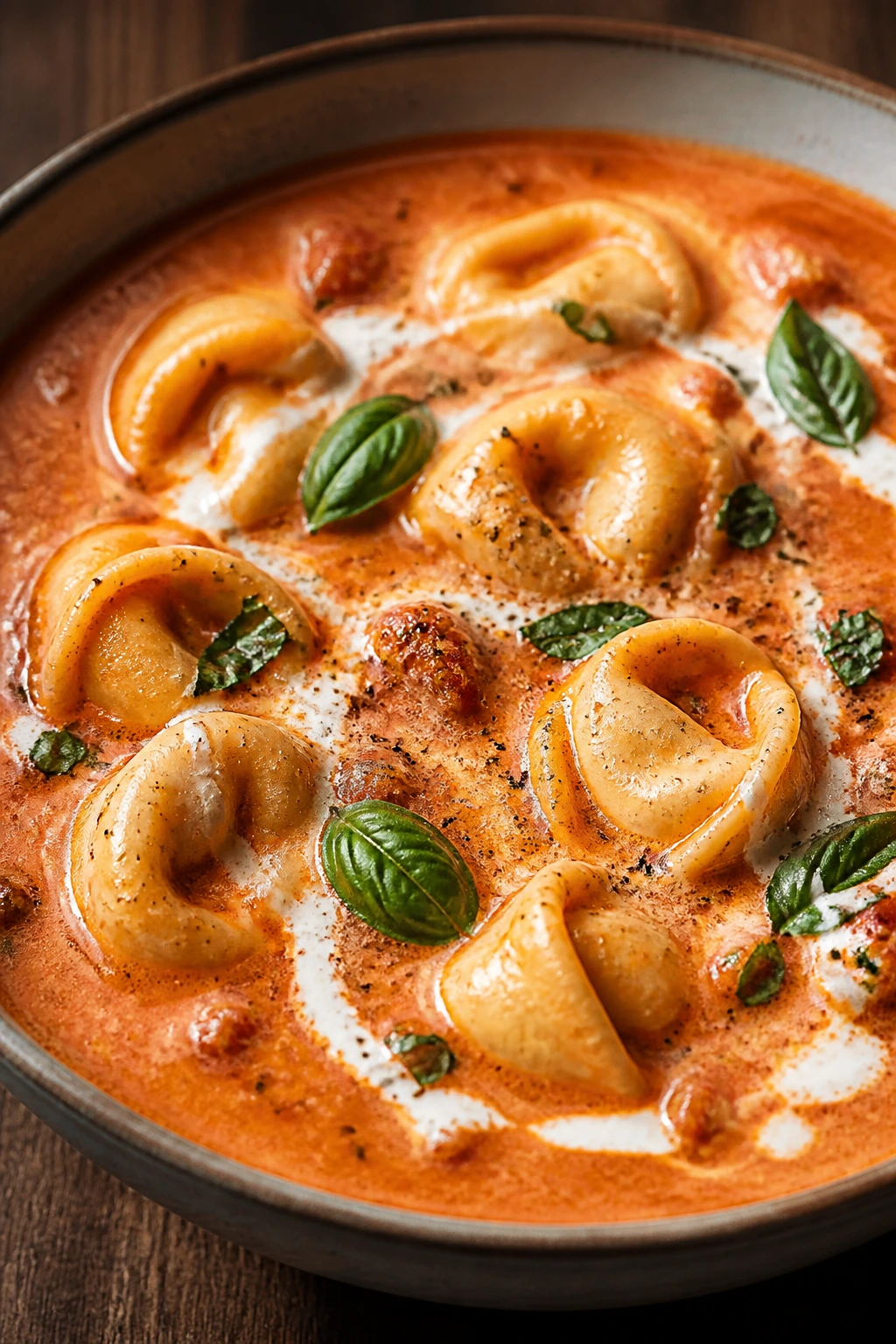 Steaming bowl of creamy tomato tortellini soup with tortellini.