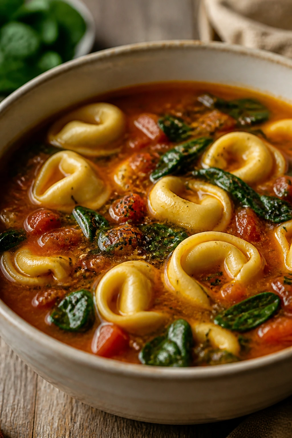 Steaming bowl of tortellini soup with spinach in tomato broth