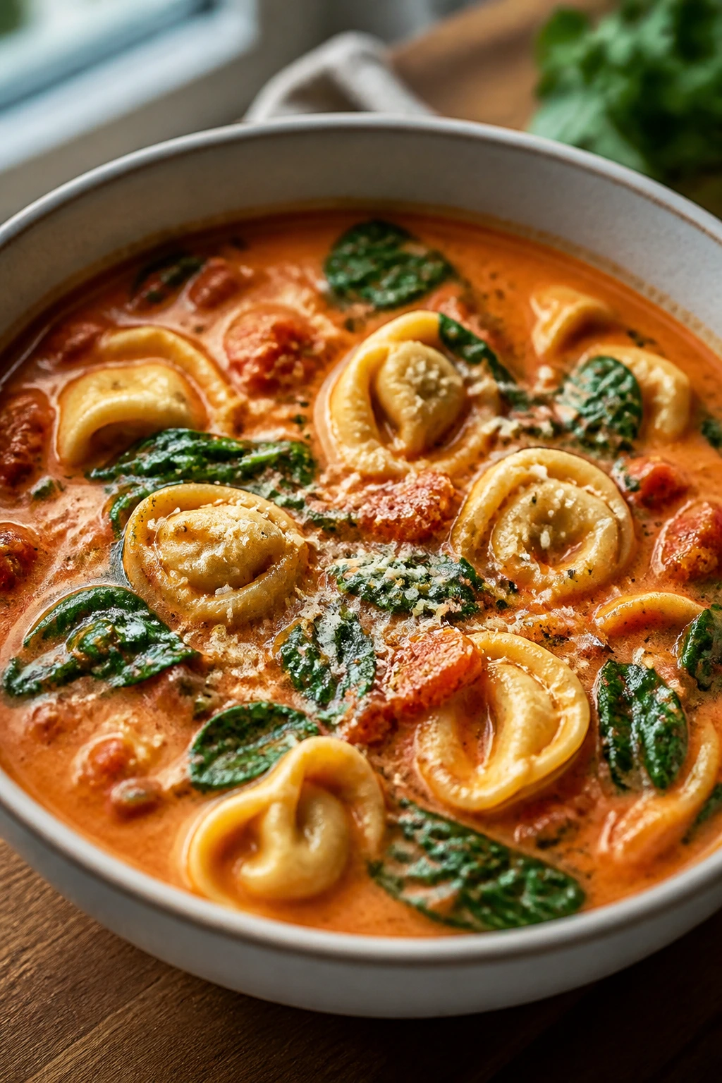 Creamy tomato tortellini soup in a bowl with spinach