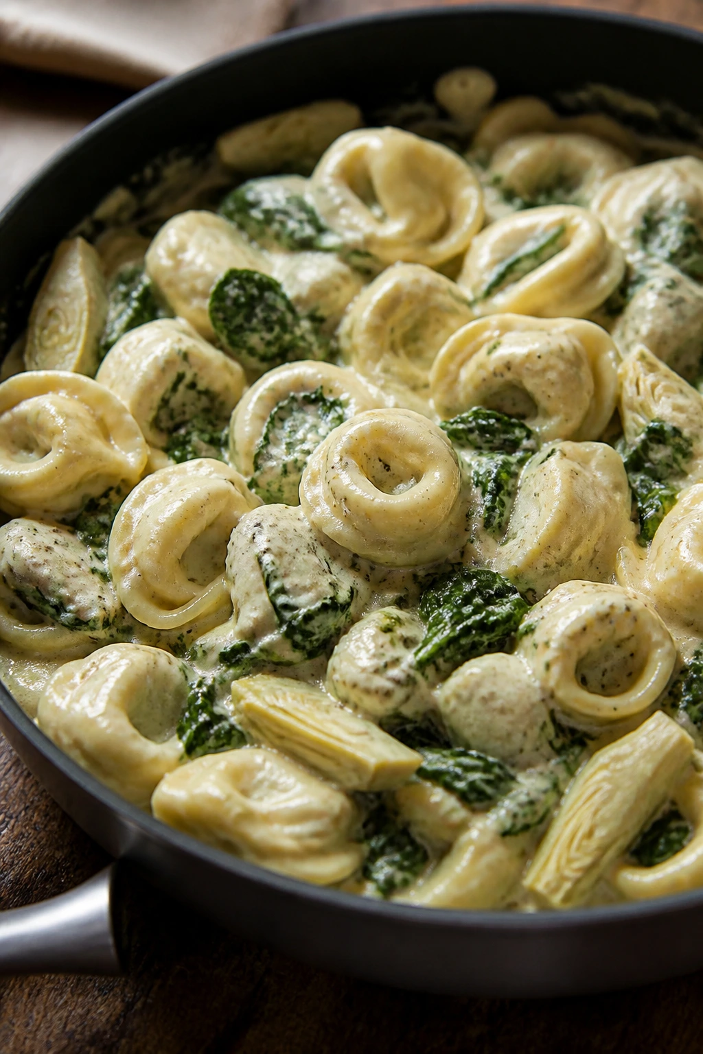 Creamy spinach artichoke tortellini close-up in skillet