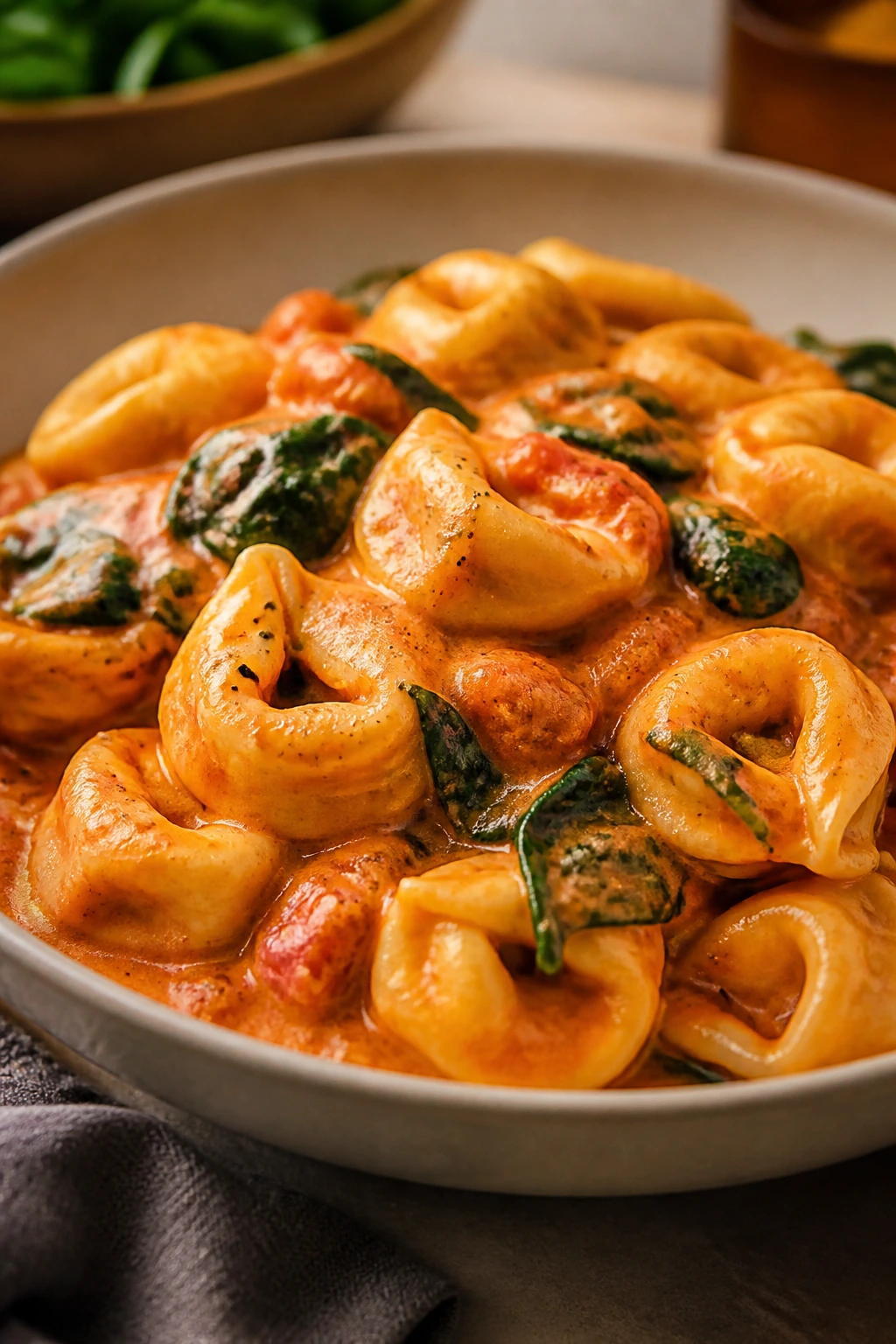 Creamy tomato tortellini with spinach on a plate
