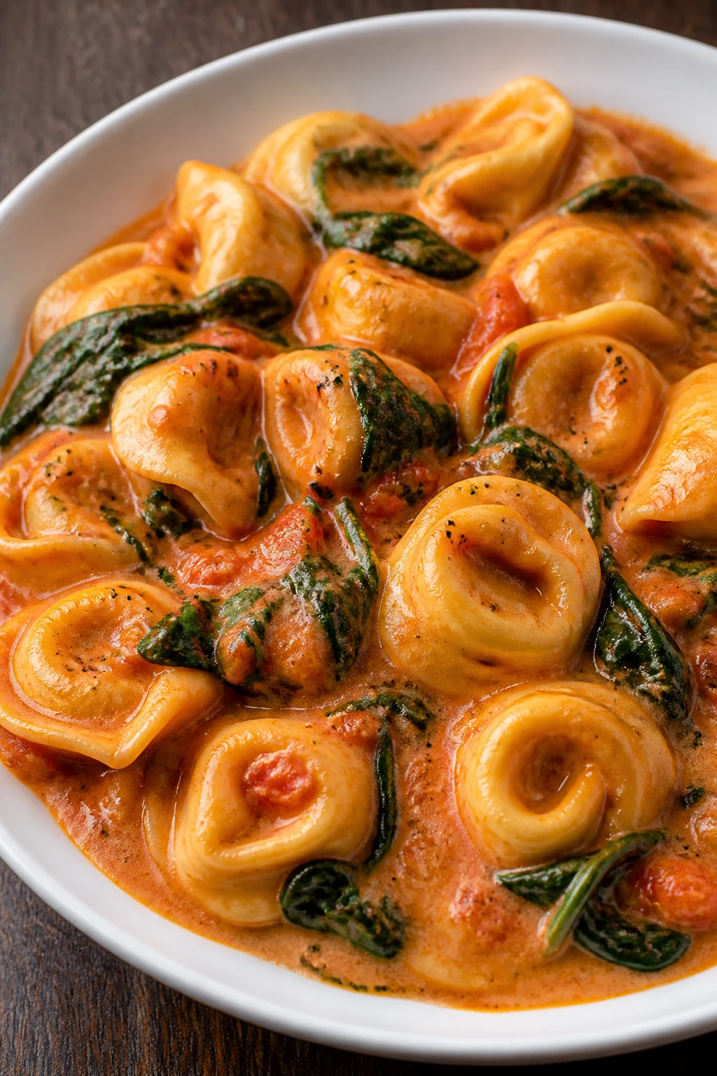 Creamy tomato tortellini with spinach on plate