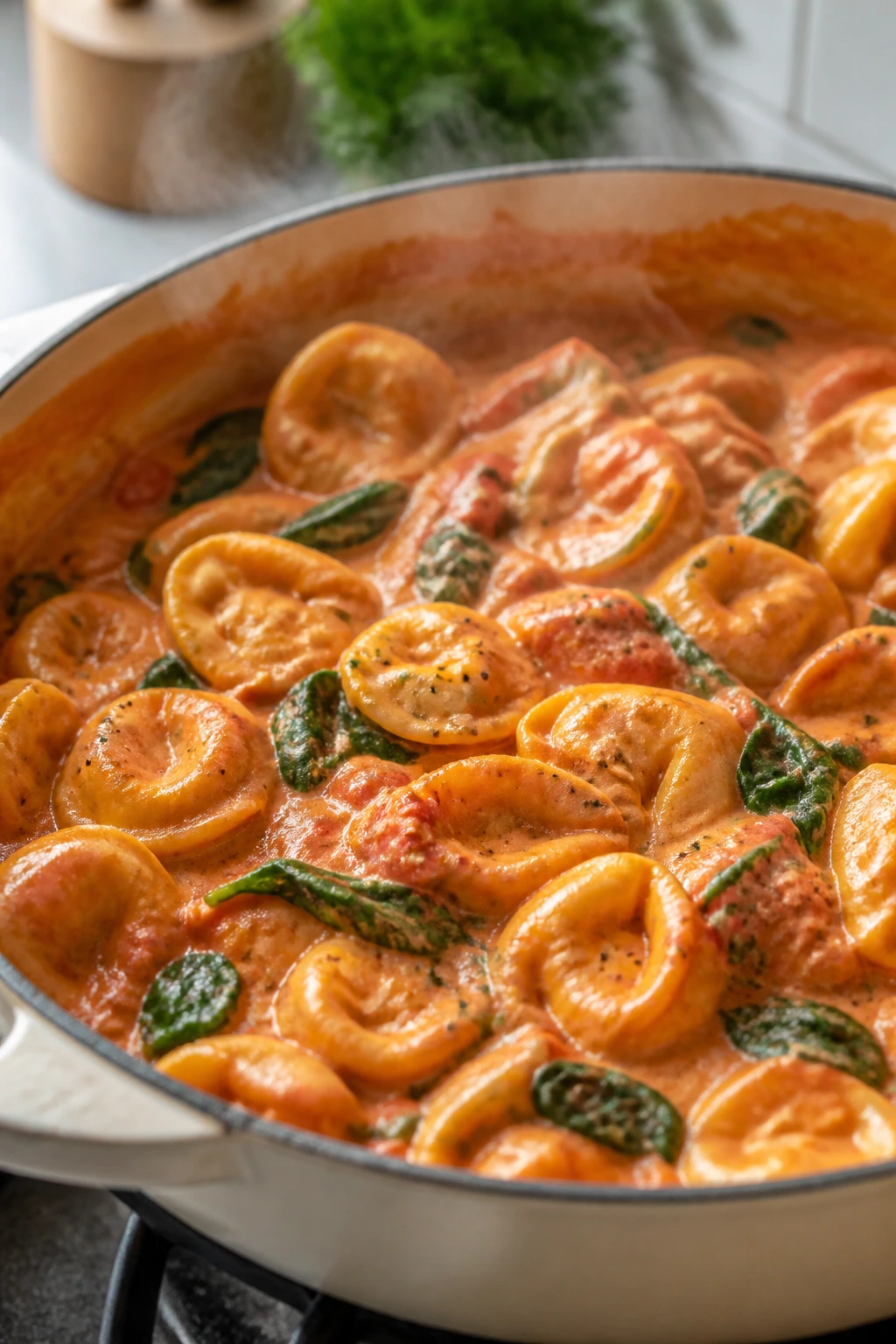 Close-up of creamy tomato tortellini with spinach in a pot