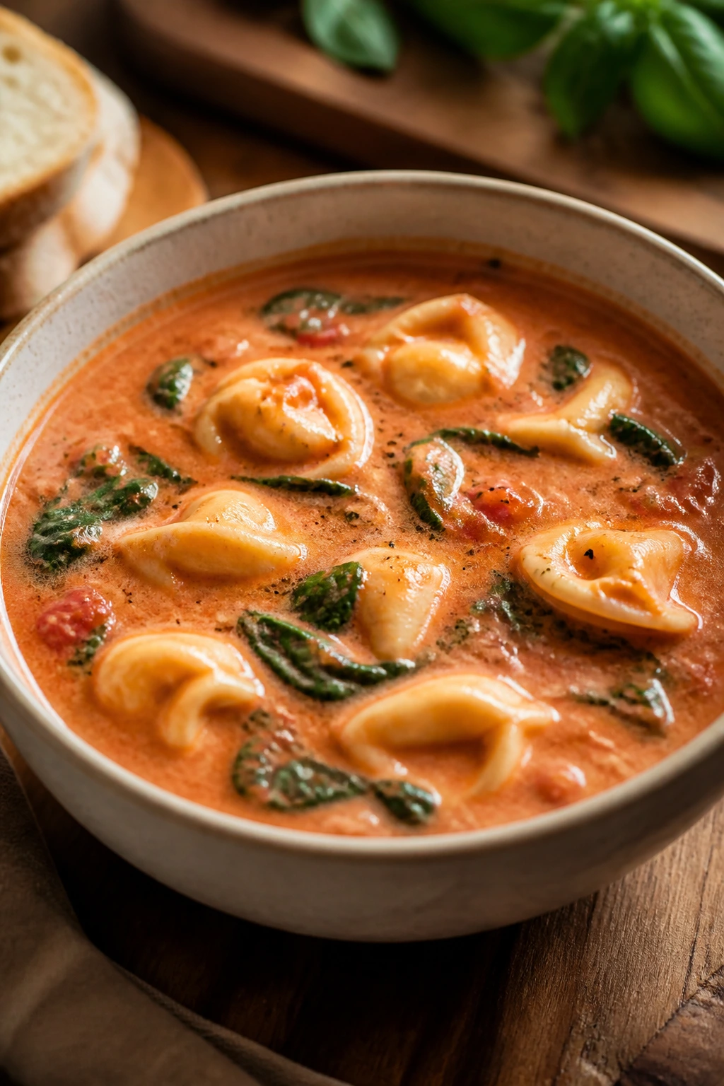 Creamy tomato tortellini soup in a bowl with tortellini and spinach.