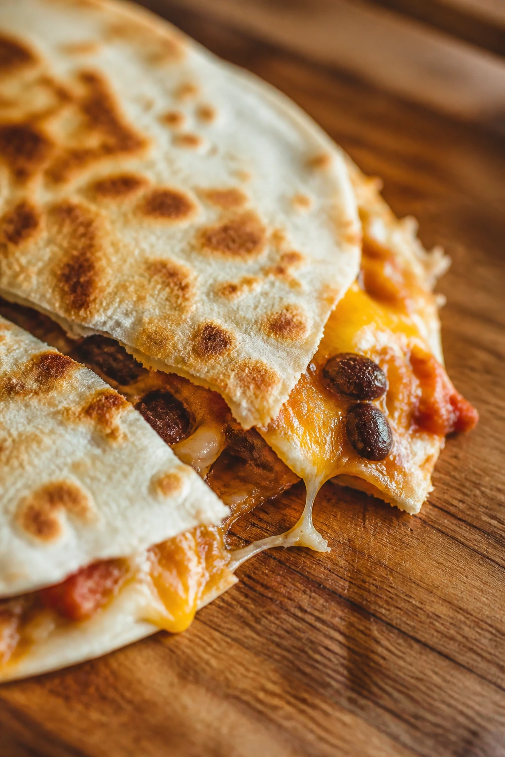 Close-up of a torn quesadilla showing filling leaking from a seam on a wooden cutting board