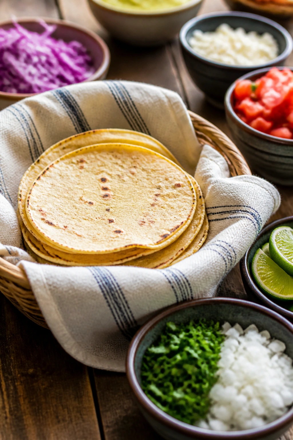 Warm tortillas in a basket with garnishes and lime wedges on a rustic table