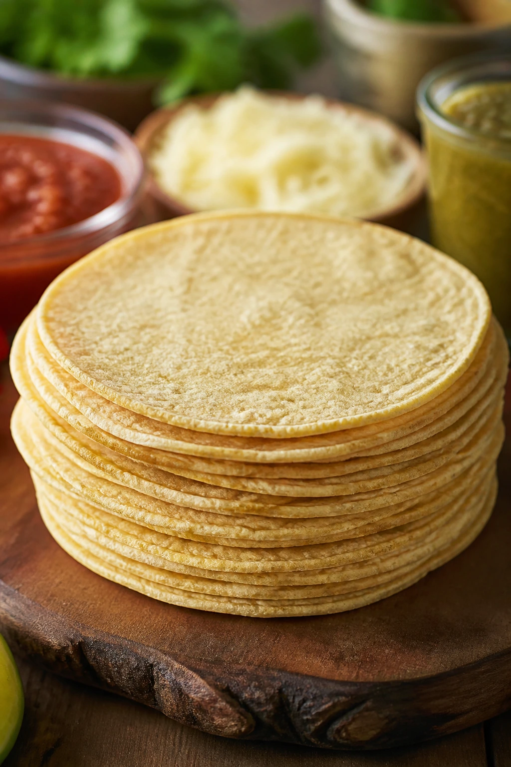 Stack of corn tortillas ready for enchiladas on a wooden surface.