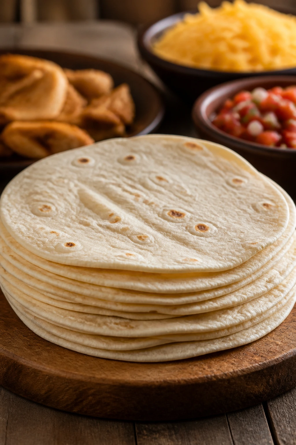 Close-up of a stack of soft flour tortillas on a wooden cutting board, warm kitchen lighting
