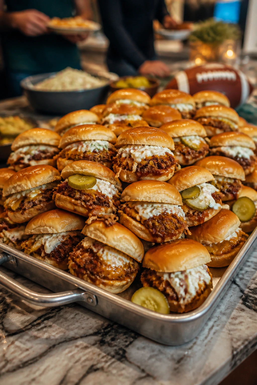 Tray of pulled pork sliders on a kitchen island for game day