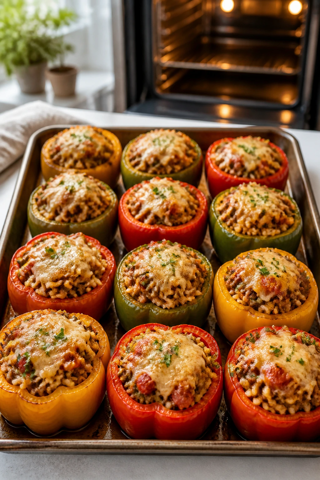 Tray of stuffed peppers ready for meal prep repeats