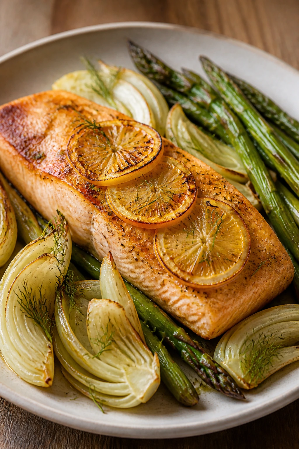 Trout fillet with fennel and asparagus on a plate