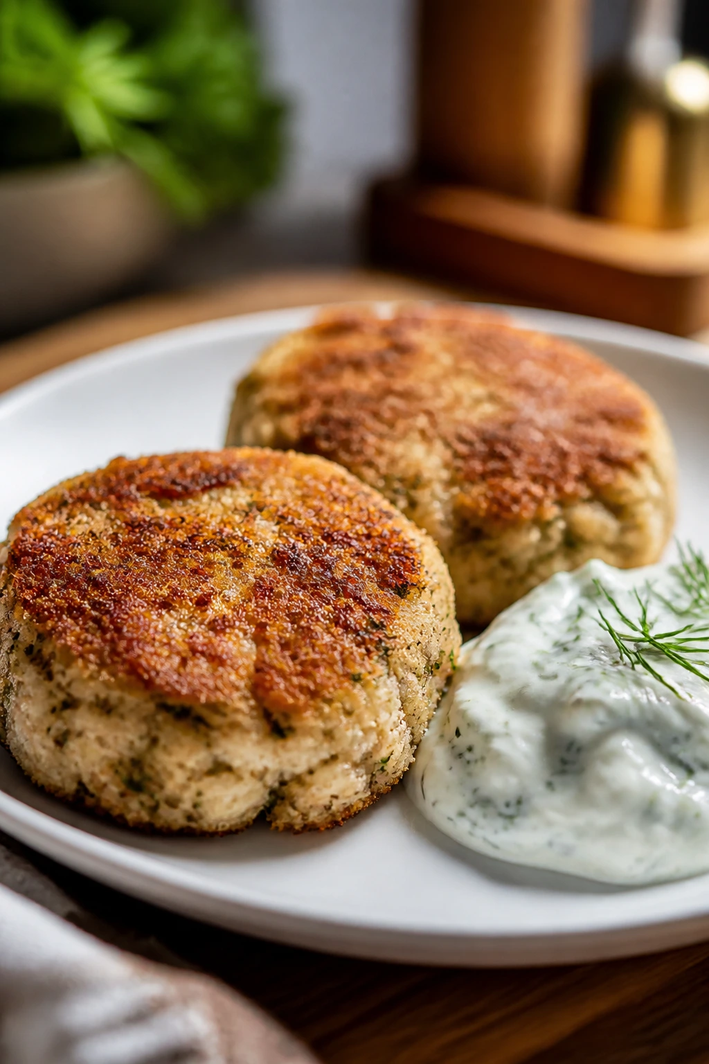 Crispy tuna cakes on a plate with herb yogurt