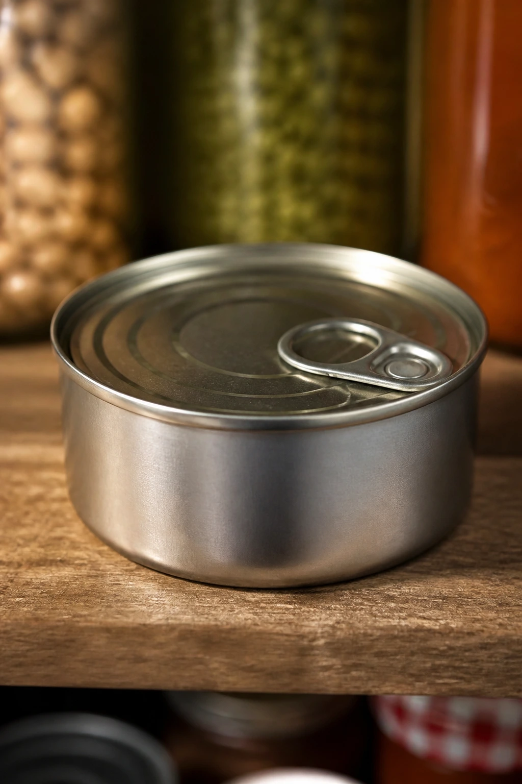 Close-up of a tuna can on a pantry shelf with a blurred background