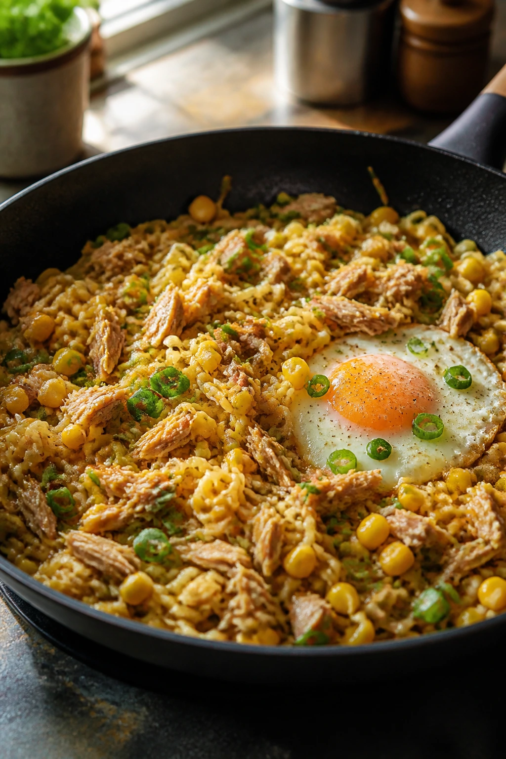Close-up of tuna corn egg ramen skillet with tuna, corn, and egg