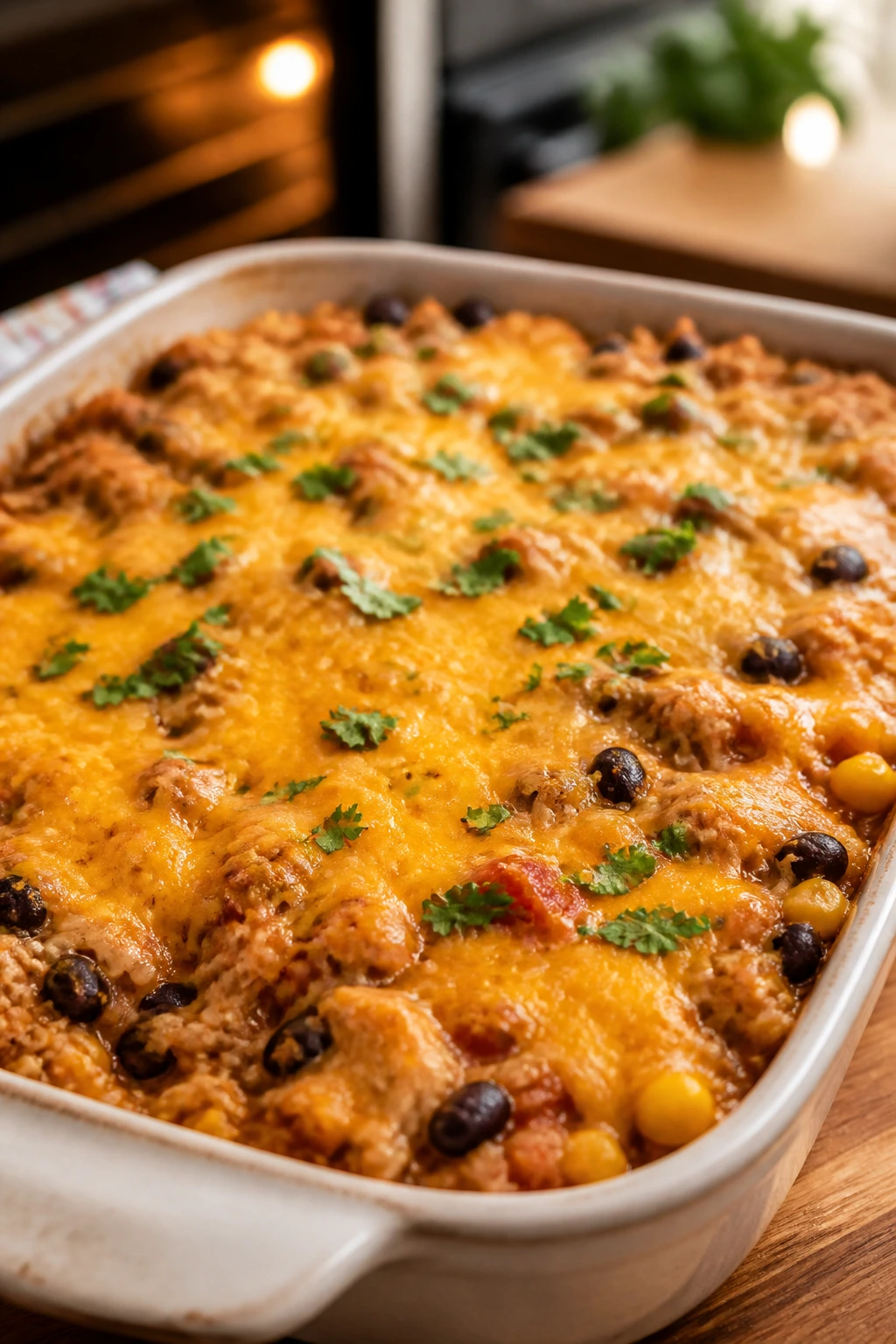 Close-up of a bubbling tuna enchilada rice casserole in a ceramic baking dish on a kitchen counter