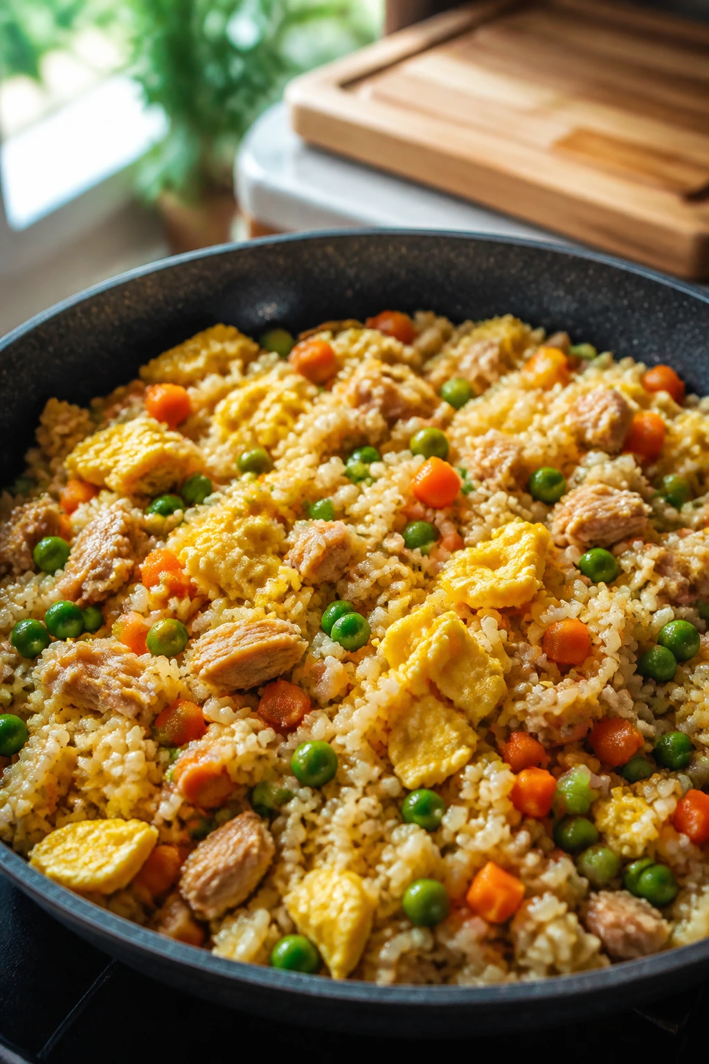 Skillet of tuna fried rice with peas and egg filling the frame