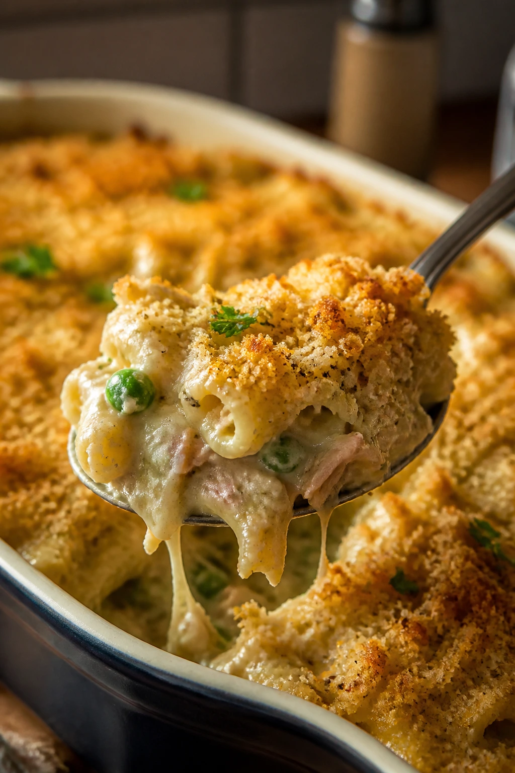 Close-up of tuna melt pasta bake with a golden breadcrumb crust
