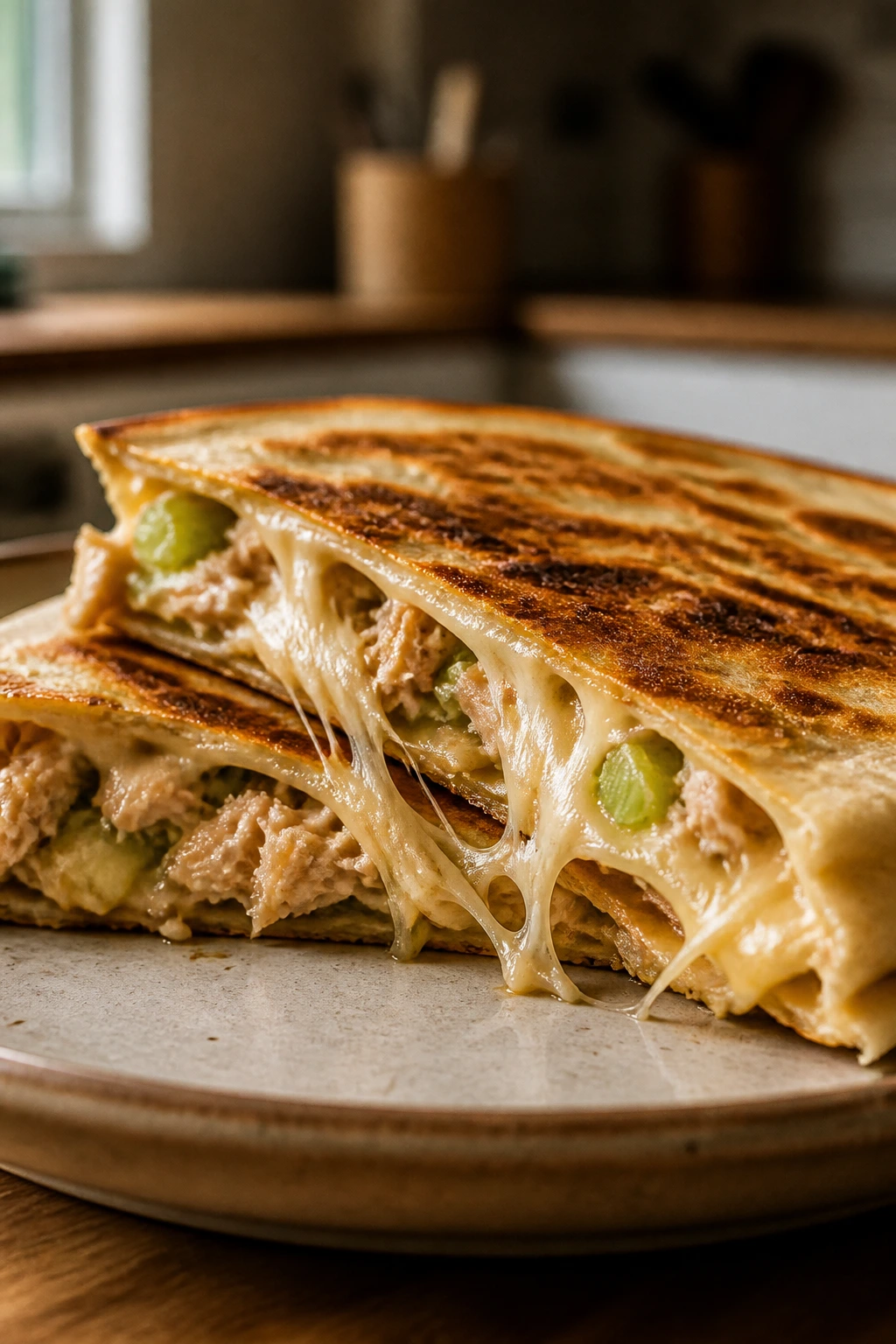 Tuna melt quesadilla wedge on plate with melted cheese
