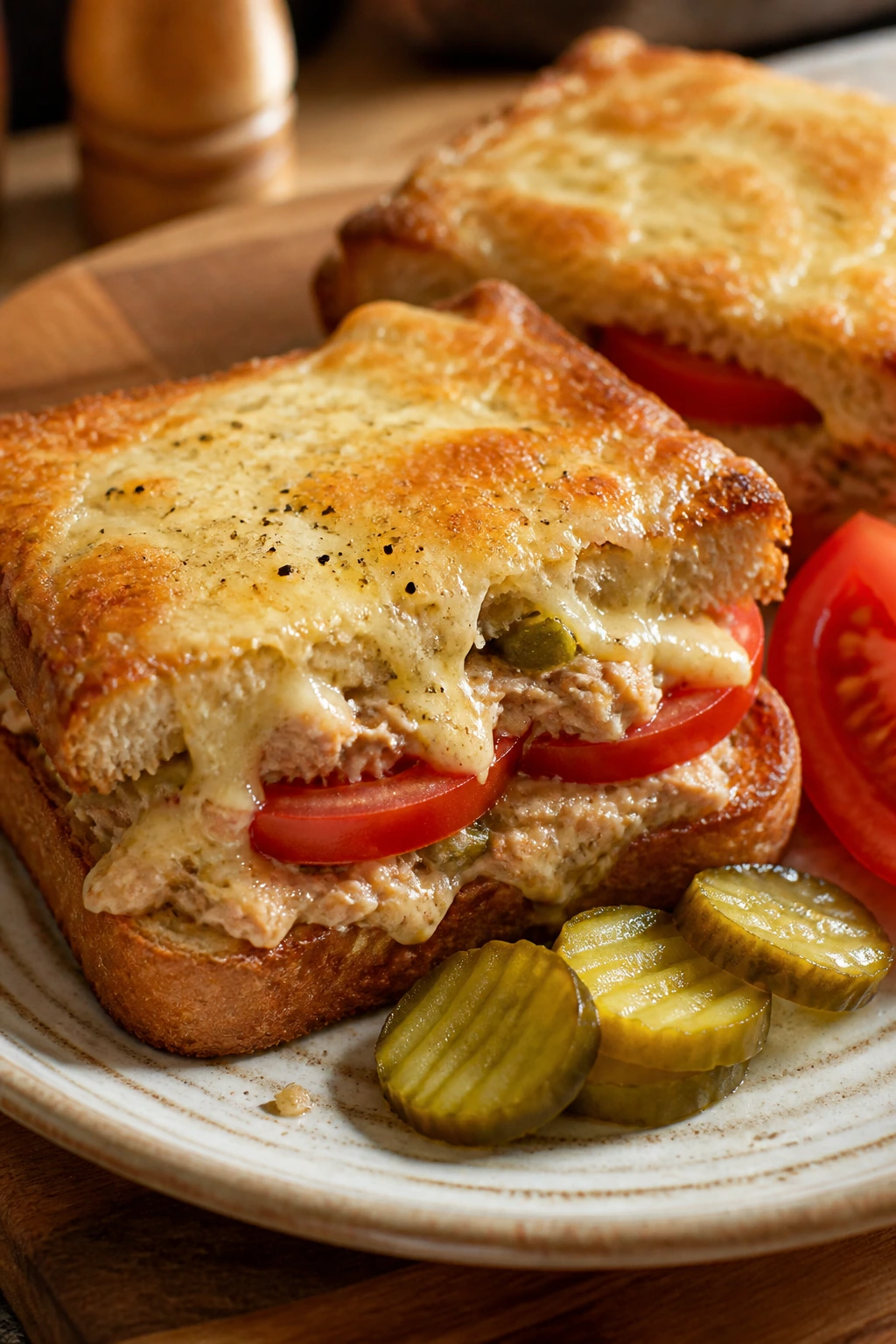 Close-up of a tuna melt sandwich with pickles and tomato