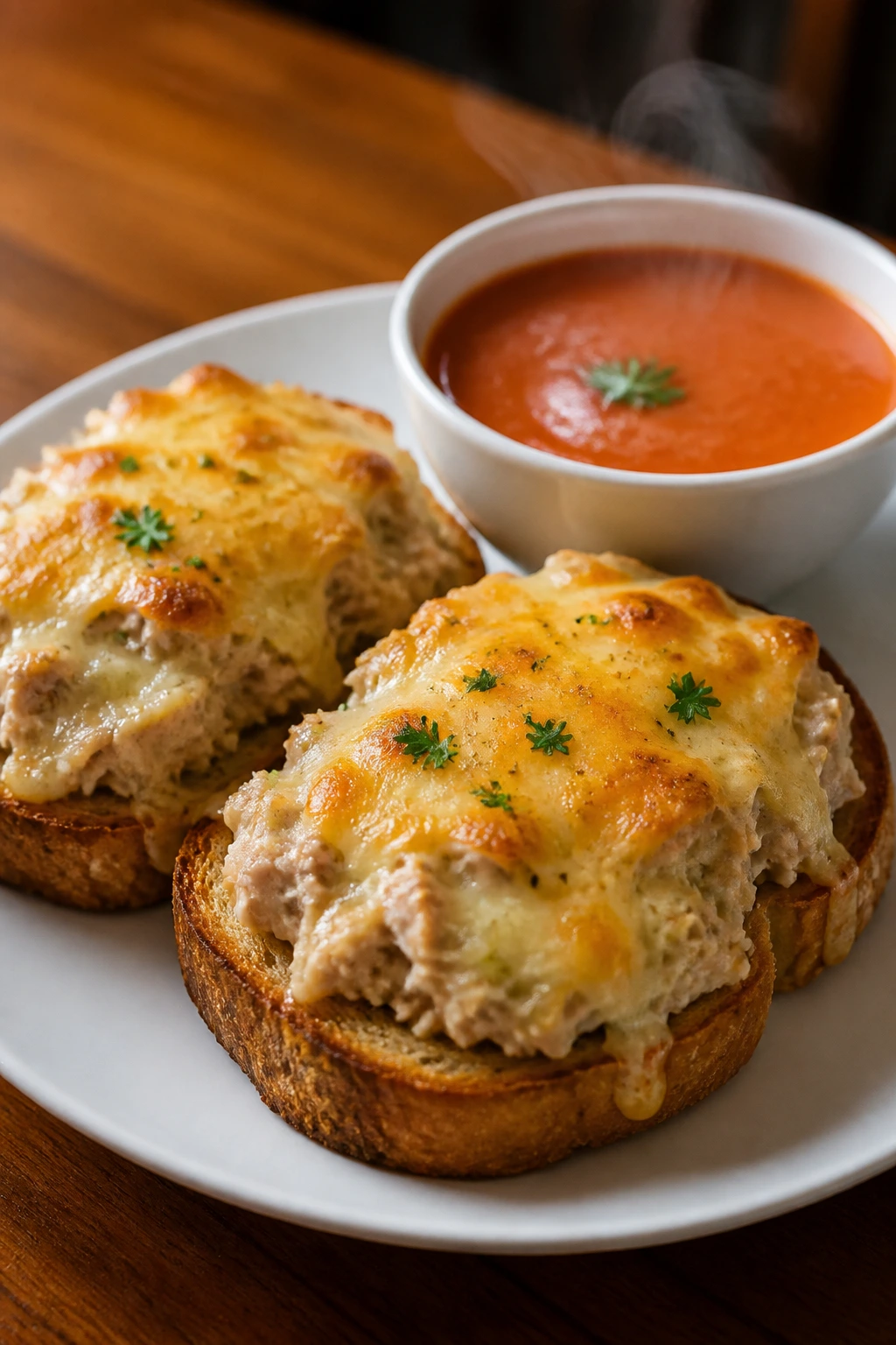 Open-faced tuna melts with tomato soup on a plate