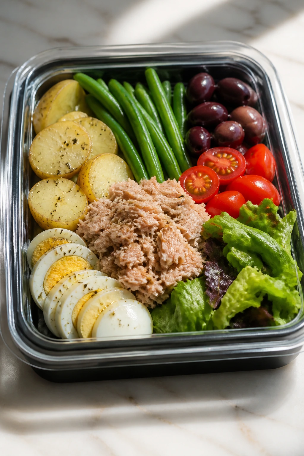 Meal-prep box with tuna niçoise ingredients arranged neatly inside
