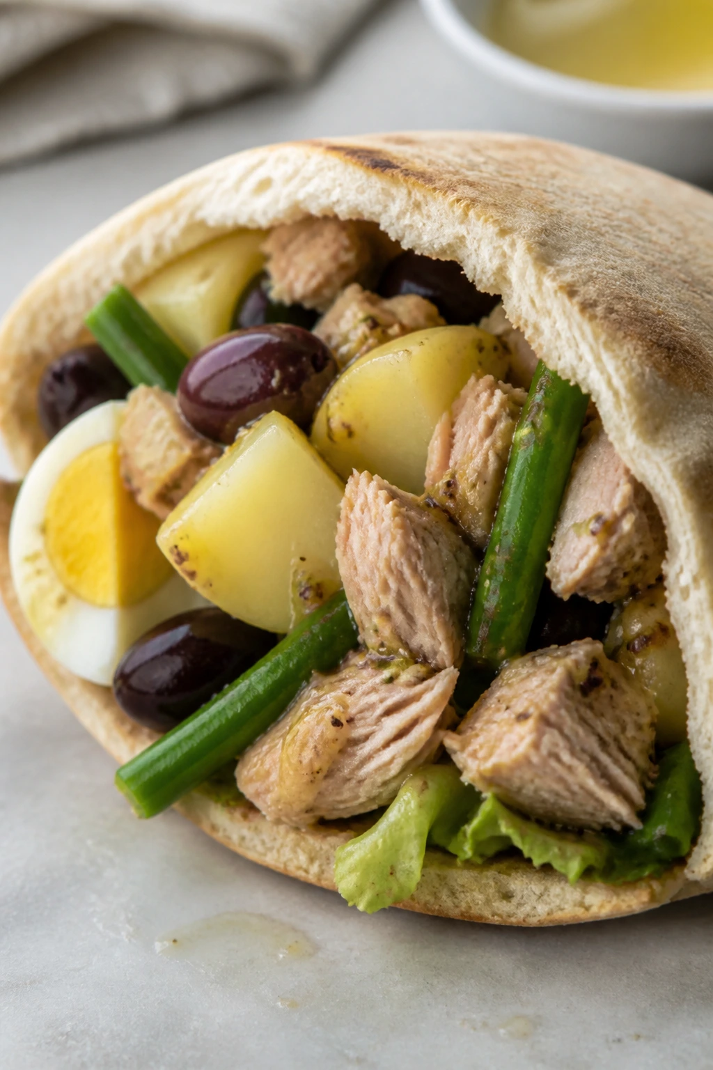 Pita filled with tuna niçoise ingredients
