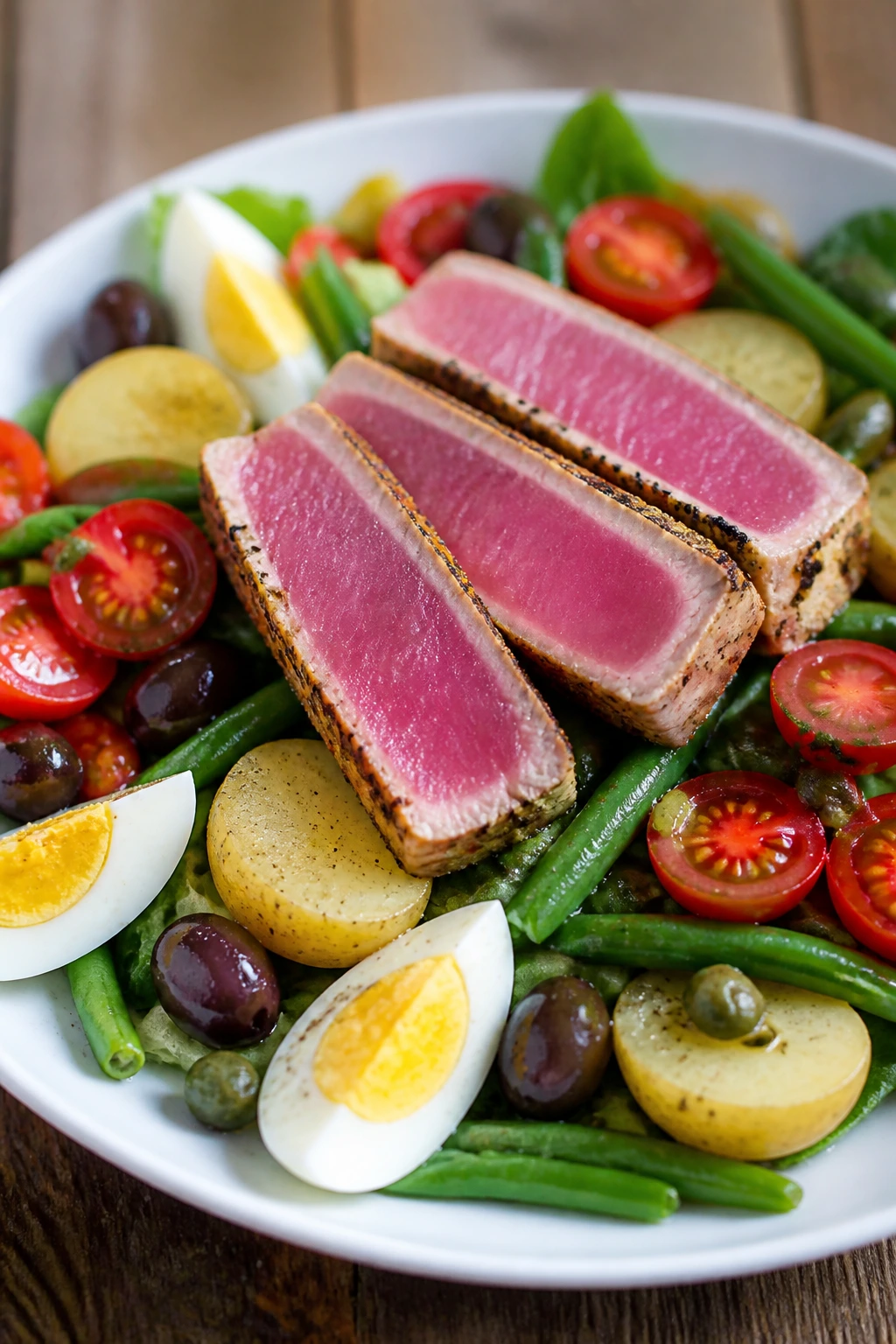 Close-up plated Seared Tuna Nicoise Salad with tuna steaks and vegetables
