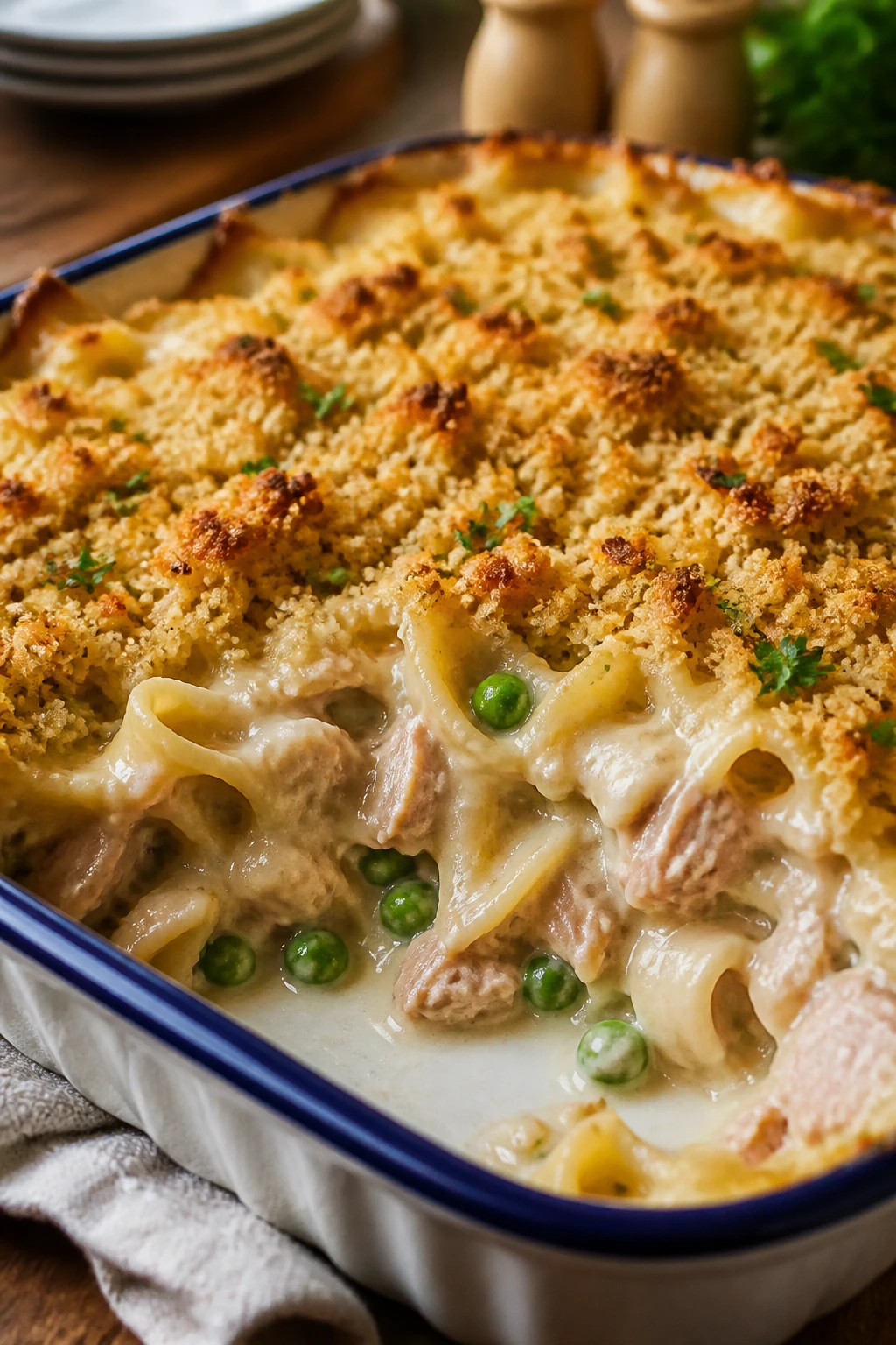 Creamy tuna noodle casserole with peas and a crisp top