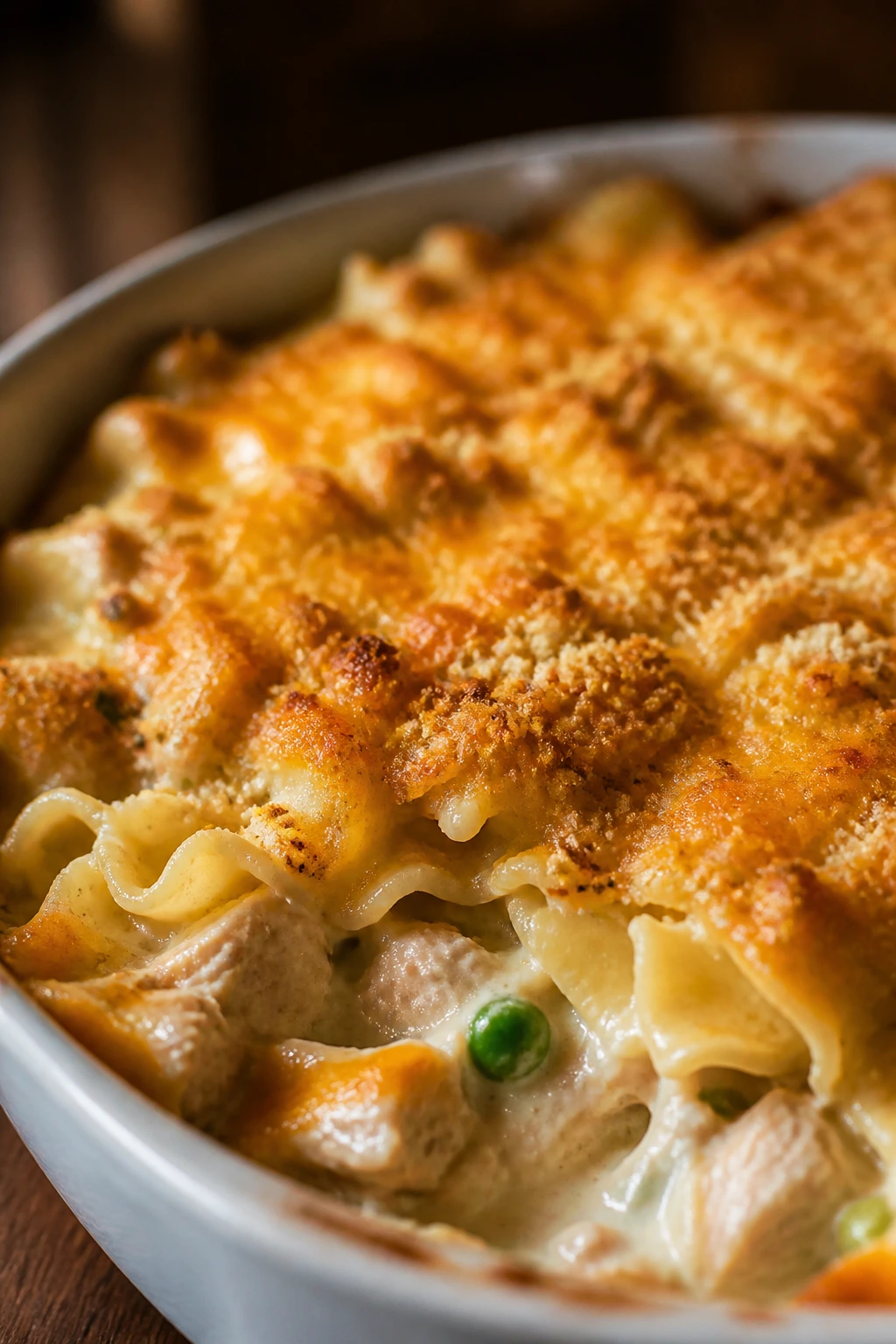 Classic tuna noodle casserole with breadcrumb cheese topping