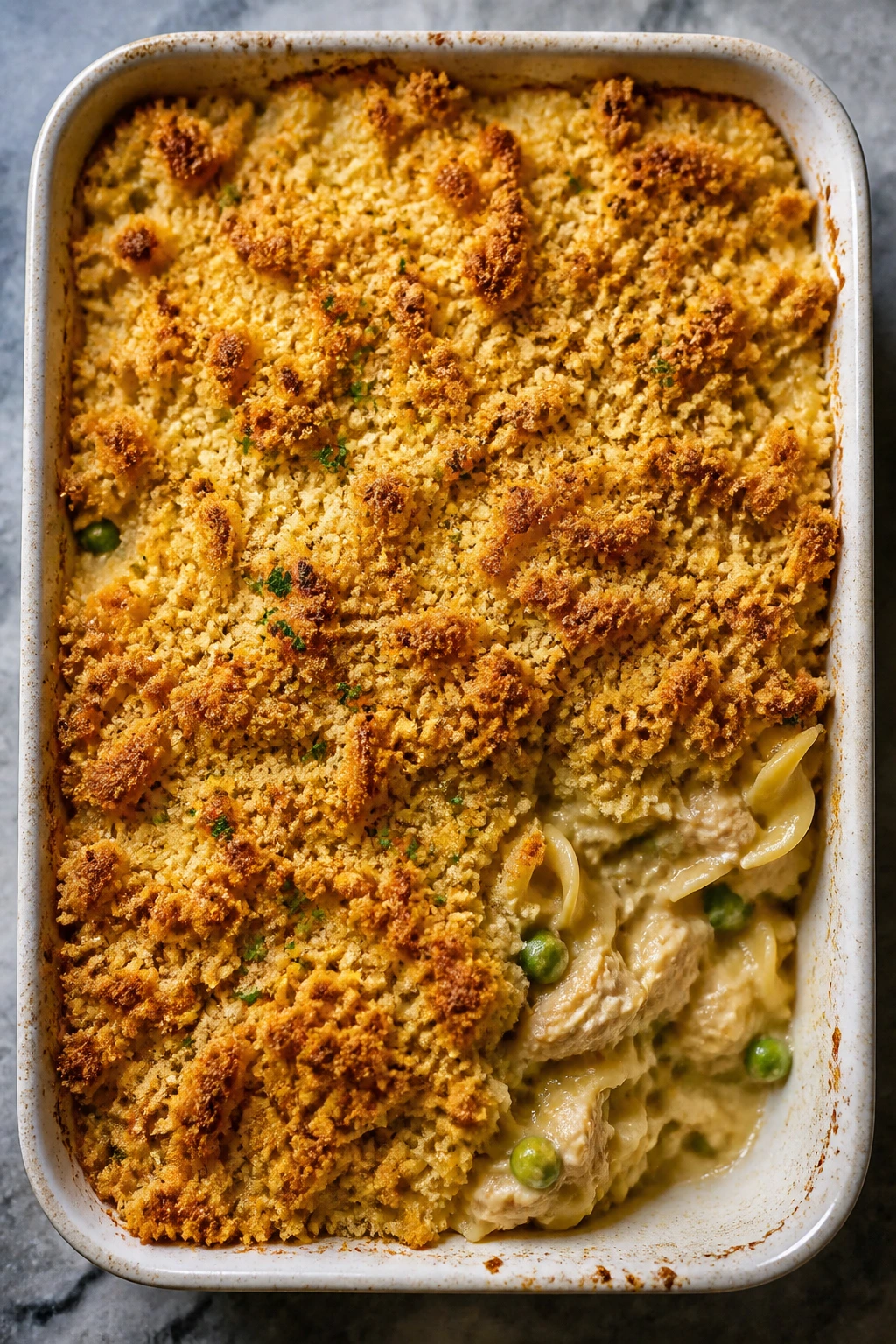Top-down view of tuna noodle casserole with crisp topping