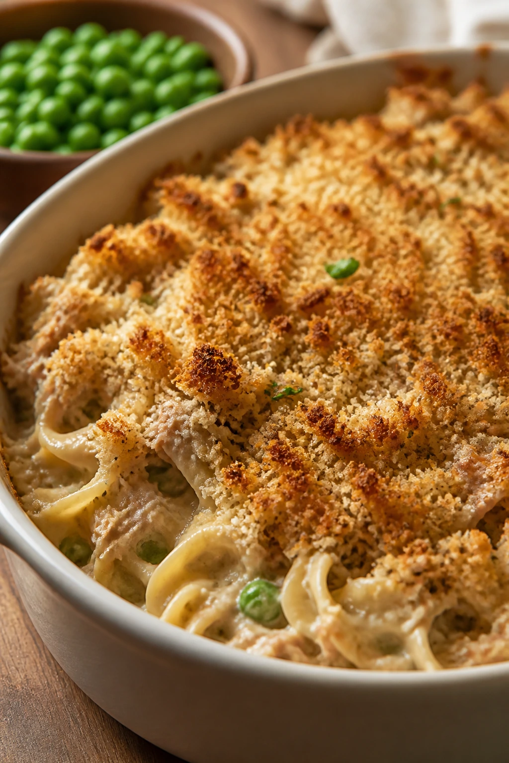 Creamy tuna noodle casserole with buttered crumb topping