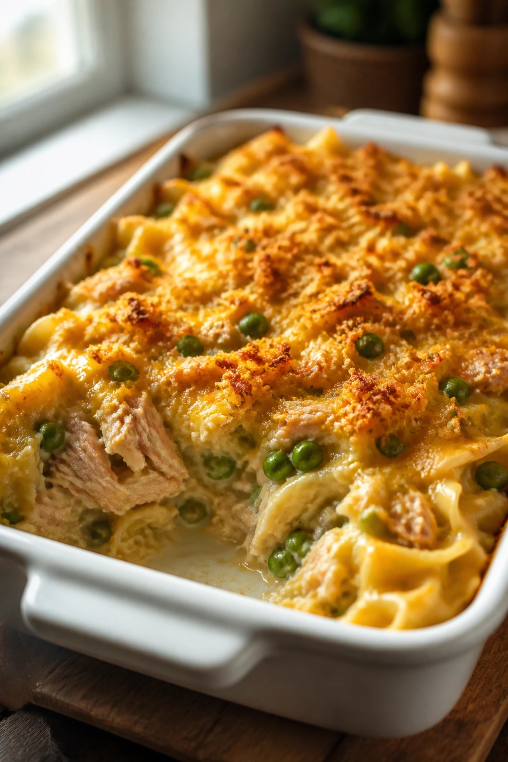Creamy tuna noodle casserole with bubbling cheese in a baking dish