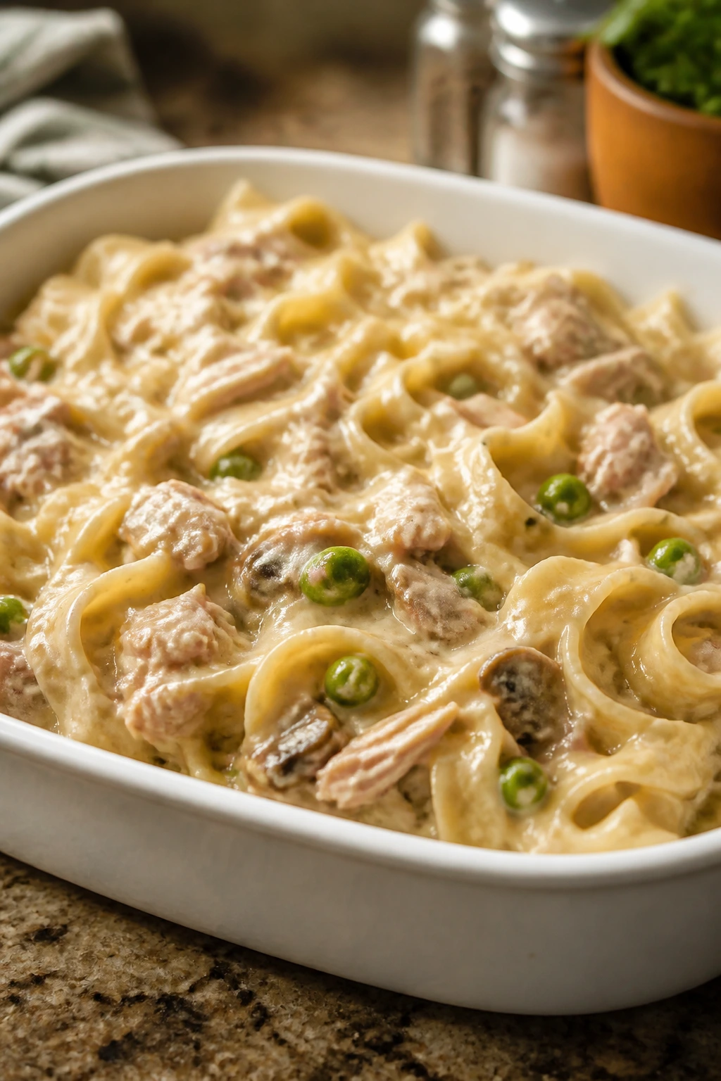 Creamy Tuna Noodle Casserole with noodles and peas on a plate