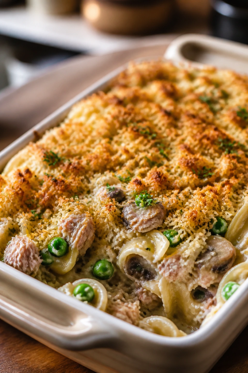 Tuna noodle casserole with peas and crispy panko in oven dish