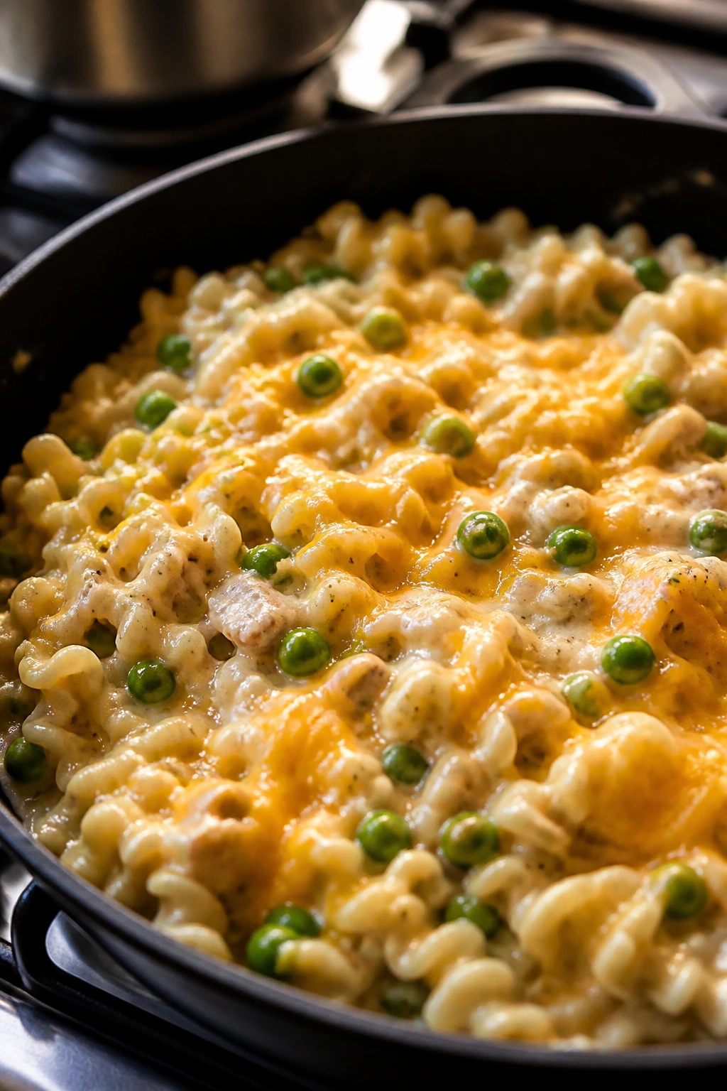 Creamy tuna noodle skillet with peas and cheddar