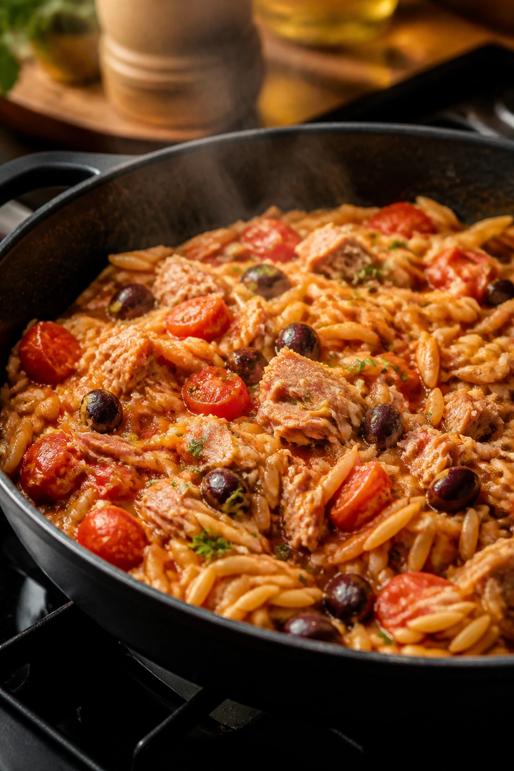 Tomato olive tuna orzo skillet with steam