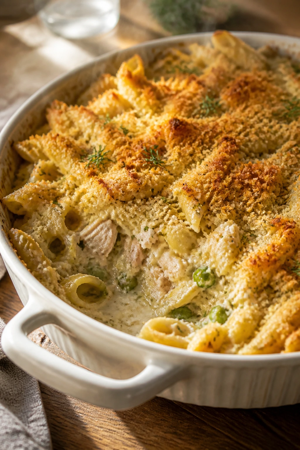 Golden baked tuna pasta bake in white dish with lemon-dill aroma