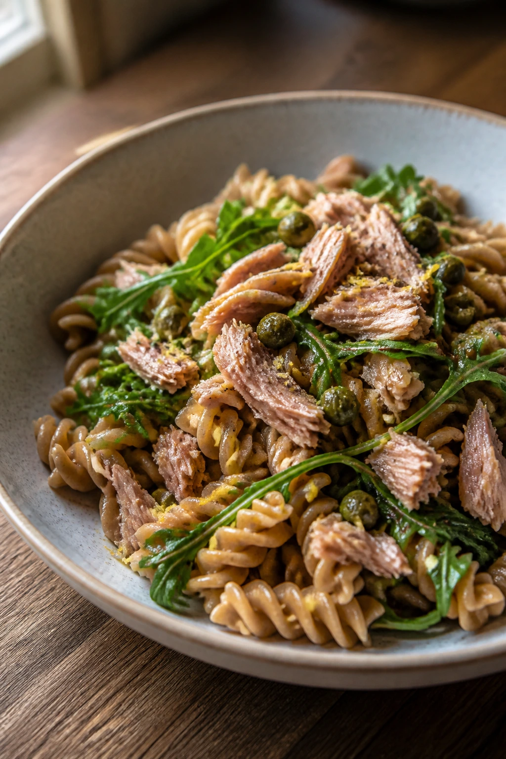 Close-up of tuna pasta with capers and arugula in a bowl