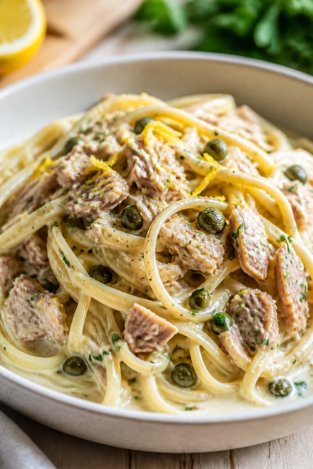 Medium-close tuna pasta with capers and lemon in a bowl