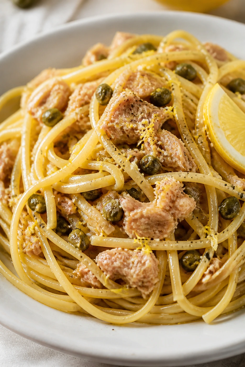 Close-up of Tuna Pasta with Capers and Lemon in a bright kitchen.