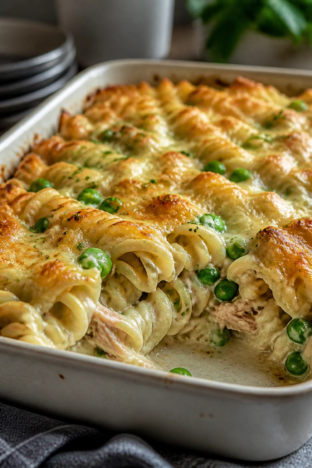 Creamy tuna and pea pasta casserole in baking dish