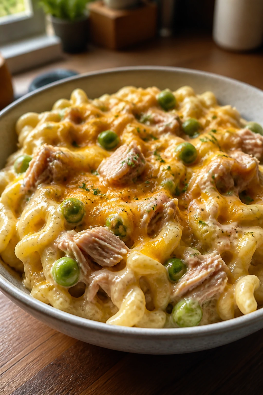 Close-up of creamy tuna pasta with peas in a shallow bowl