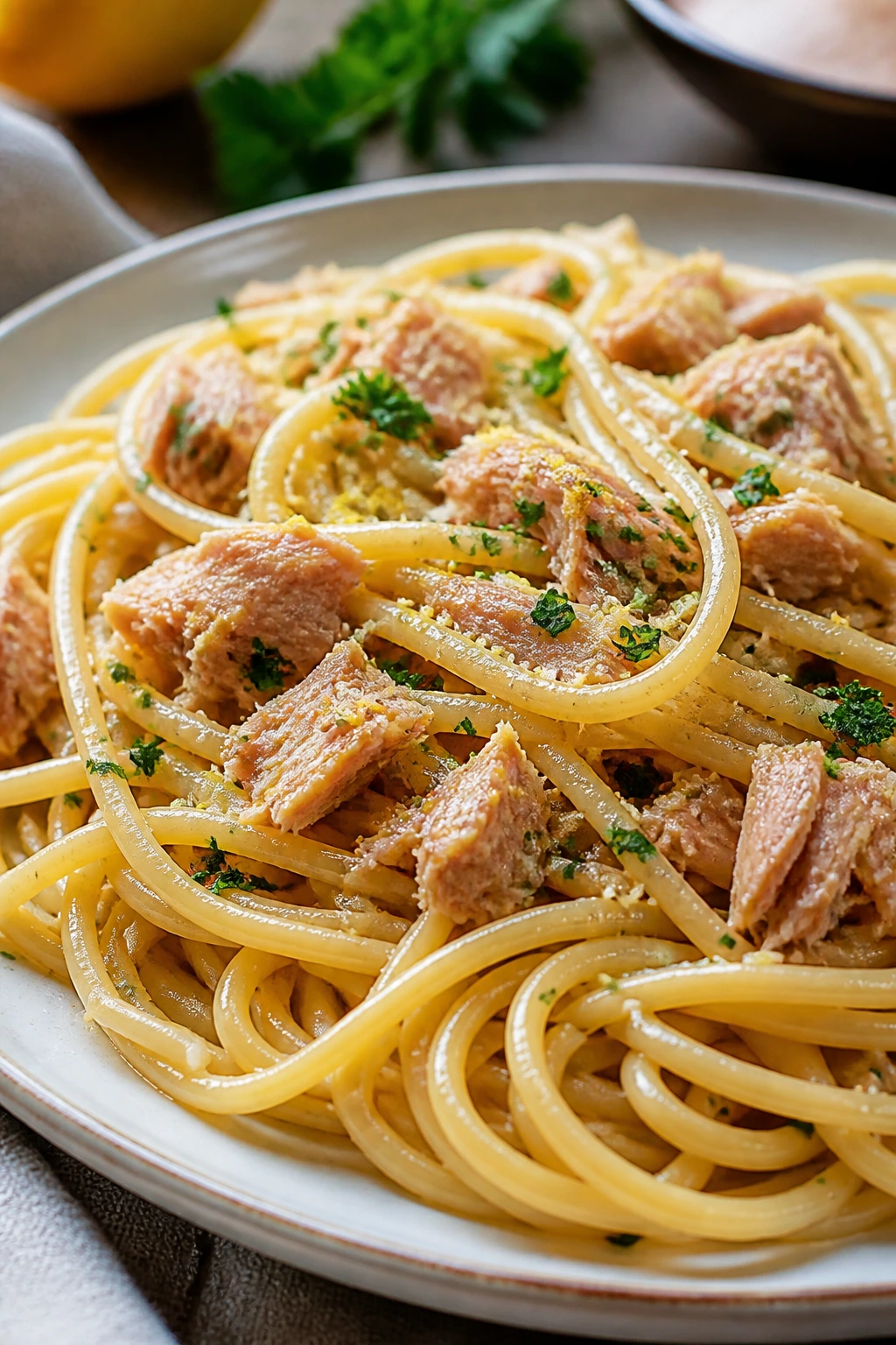 Plate of garlic butter tuna pasta with tuna chunks and lemon zest