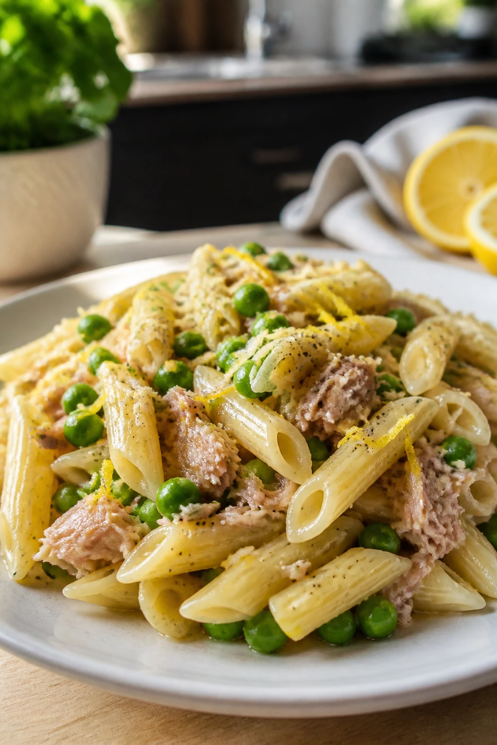 Plate of tuna pasta with peas and lemon zest in bright kitchen light