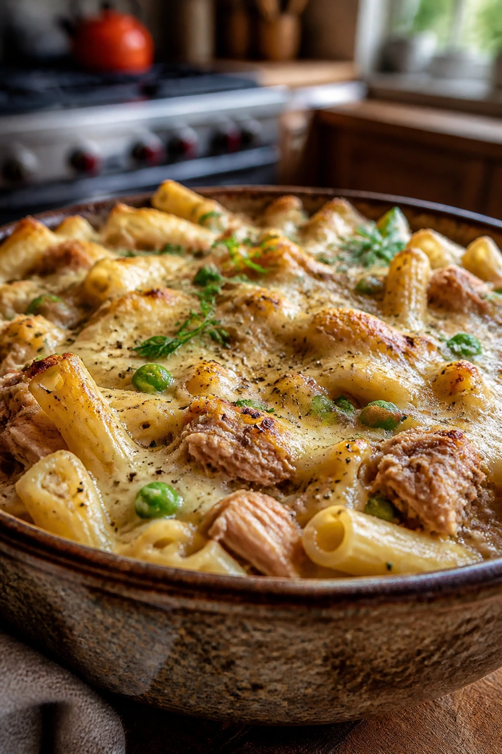 Close-up of tuna pasta bake with moisture-balanced sauce in rustic bowl